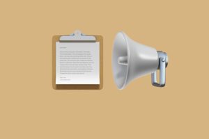 Formblatt und Lautsprecher Emoji auf sandfarbenem Hintergrund