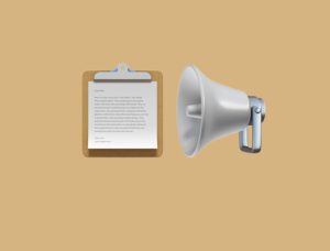 Formblatt und Lautsprecher Emoji auf sandfarbenem Hintergrund