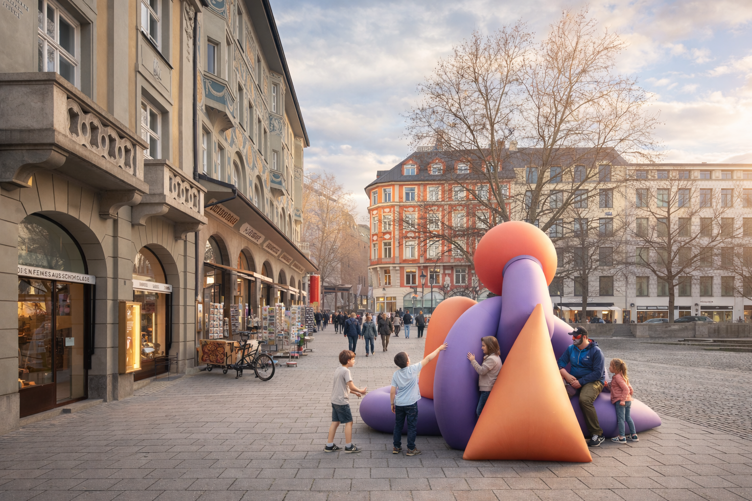 Große, bunte, aufblasbare Skulptur aus runden und kegelförmigen Elementen in Lila und Orange steht auf einem Münchner Platz. Mehrere Kinder spielen und klettern darauf, während ein Erwachsener daneben sitzt. Im Hintergrund sind historische Gebäude, ein kleiner Marktstand und Passant:innen zu sehen, die durch die Straße gehen. Die Szene wirkt lebendig und familienfreundlich.
