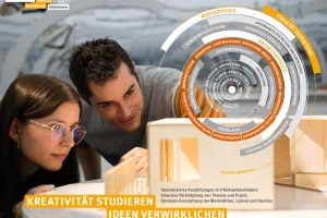 Grafisches Visual der HAWK, zwei Menschen sind neben der Grafik zu sehen, die ein Modell ansehen