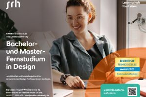 Grafisches Visual der SRH Fernhochschule, eine Frau sitzt am Schreibtisch vor einem Laptop