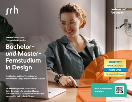 Grafisches Visual der SRH Fernhochschule, eine Frau sitzt am Schreibtisch vor einem Laptop