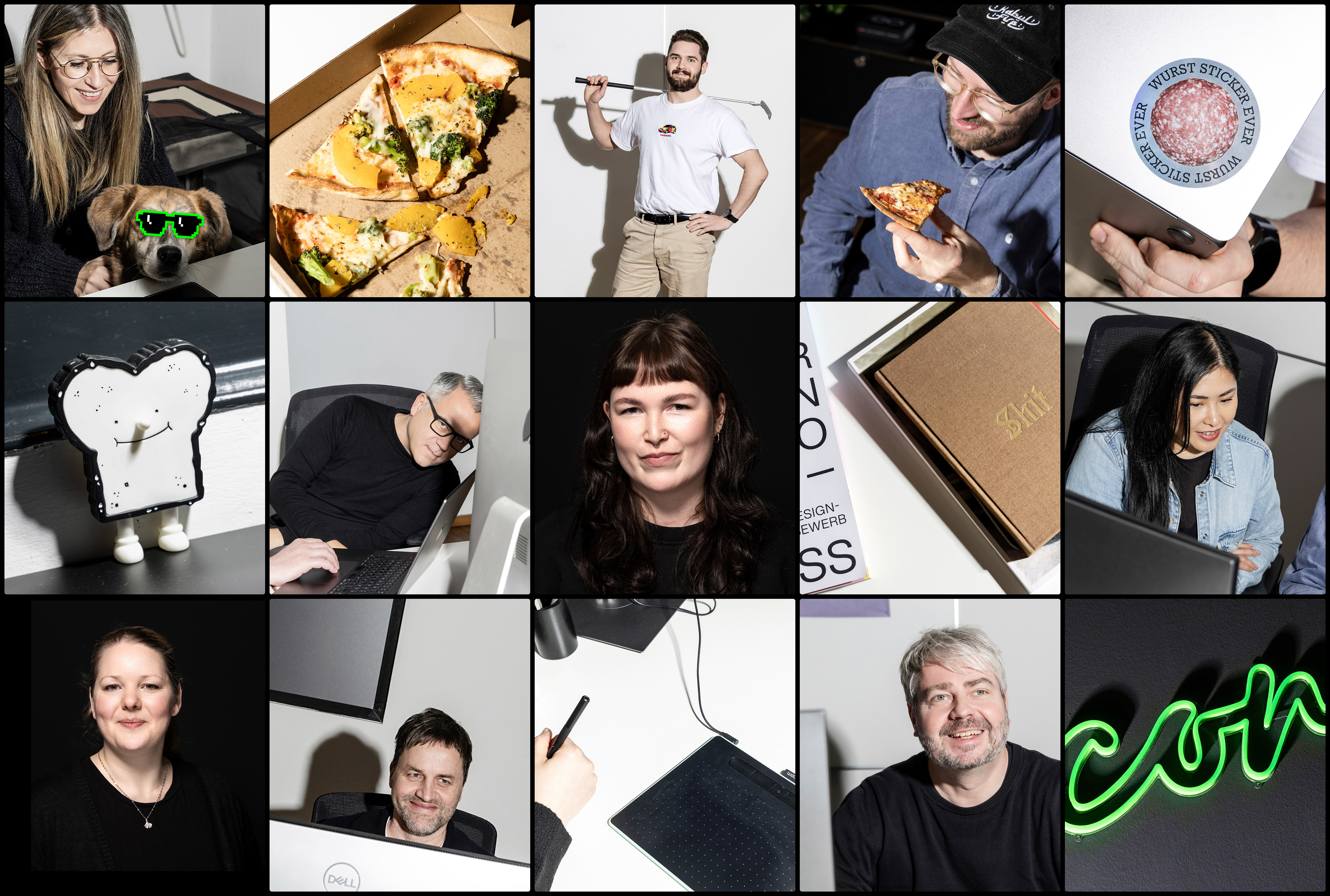 Teamcollage der Designagentur Convoy im 3×5-Raster. Die fünfzehn Felder zeigen humorvolle Einzel- und Detailporträts der Teammitglieder in Büro- und Alltagssituationen, ergänzt durch verspielte Accessoires und Objekte wie eine Pizza, ein Golfschläger, Designer-Toys, ein Neonschriftzug und ein Buchcover. Die Collage vermittelt einen persönlichen, nahbaren Eindruck des Teams.