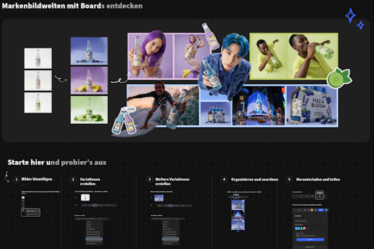 Screenshot einer dunklen Benutzeroberfläche mit der Überschrift „Markenbildwelten mit Boards entdecken“. Im Zentrum steht ein visuelles Moodboard mit verschiedenen KI-generierten Kampagnenmotiven rund um Getränkeflaschen in unterschiedlichen Farben und Szenarien. Zu sehen sind unter anderem Produktfotos, Lifestyle-Aufnahmen mit Personen, Outdoor-Szenen, Werbemotive auf digitalen Billboards sowie Verpackungsdesigns. Pfeile und grafische Verbindungslinien zeigen den kreativen Workflow von einzelnen Produktbildern hin zu kompletten Markenwelten. Im unteren Bereich erklärt eine Schritt-für-Schritt-Anleitung den Prozess: Bilder hochladen, Variationen erstellen, weitere Varianten anlegen, Ergebnisse organisieren und herunterladen bzw. teilen. Die Darstellung vermittelt den Eindruck eines kollaborativen KI-Tools für Markenentwicklung und visuelle Kampagnenplanung.