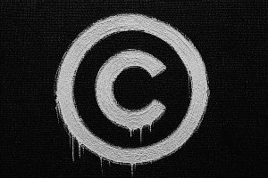 Nahaufnahme eines handgemalten weißen Copyright-Zeichens auf schwarzer Leinwand. Die Struktur des groben Canvas-Gewebes ist deutlich sichtbar. Das Symbol wirkt bewusst unperfekt mit organischen Pinselstrichen, rauen Kanten und dicker Ölfarbe. Mehrere weiße Farbläufer tropfen nach unten und verleihen dem Motiv einen rohen, lebendigen und fast streetartartigen Charakter. Die reduzierte Schwarz-Weiß-Ästhetik setzt Materialität und Textur in den Mittelpunkt.