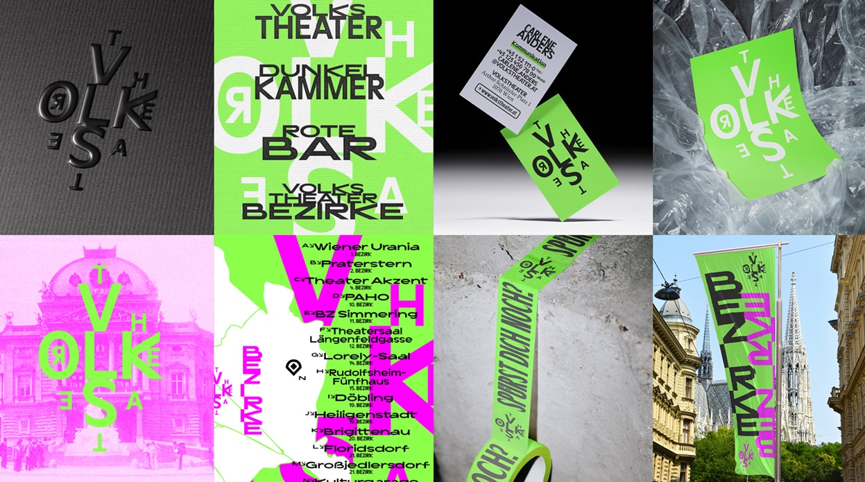 Collage verschiedener Designanwendungen in kräftigem Grün, Pink und Schwarz: zu sehen sind Typografie-Experimente, Plakate, Visitenkarten, Klebeband und Fahnen für das „Volkstheater“. Die Gestaltung arbeitet mit verzerrten, gedrehten Buchstaben und auffälligen Kontrasten und wird in unterschiedlichen Medien und Umgebungen präsentiert.