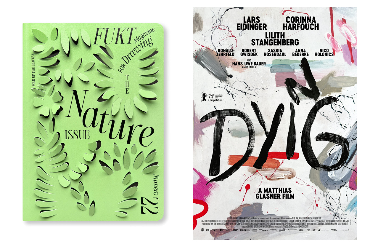Zwei unterschiedliche Grafikdesign-Arbeiten nebeneinander: Links ein grünes Magazincover mit ausgestanzten, blattartigen Formen und der Typografie „FUKT – The Nature Issue“. Rechts ein expressives Filmplakat mit farbigen Pinselstrichen und dem Titel „DYING“ sowie den Namen der Mitwirkenden.