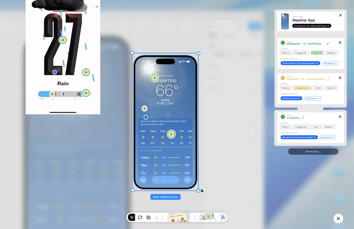 Screenshot einer experimentellen Design- und Interface-Umgebung mit Fokus auf eine Smartphone-Wetter-App.