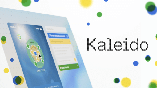 Abstrakte Interface-Visualisierung mit einer schräg dargestellten digitalen Oberfläche in Blau- und Grüntönen. Im Vordergrund ist ein kreisföriges Diagramm mit den Begriffen „Values“ und „Emotions“ zu sehen, umgeben von farbigen Punkten und UI-Elementen. Rechts steht der Schriftzug „Kaleido“ in einer gepunkteten Typografie. Gelbe, grüne und blaue Kreise schweben dekorativ über die helle Fläche und verleihen der Darstellung einen spielerisch-technologischen Charakter.