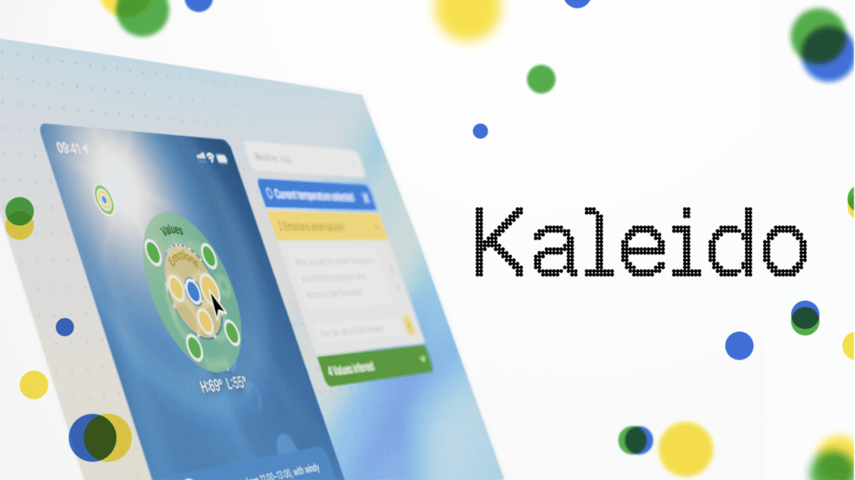 Abstrakte Interface-Visualisierung mit einer schräg dargestellten digitalen Oberfläche in Blau- und Grüntönen. Im Vordergrund ist ein kreisföriges Diagramm mit den Begriffen „Values“ und „Emotions“ zu sehen, umgeben von farbigen Punkten und UI-Elementen. Rechts steht der Schriftzug „Kaleido“ in einer gepunkteten Typografie. Gelbe, grüne und blaue Kreise schweben dekorativ über die helle Fläche und verleihen der Darstellung einen spielerisch-technologischen Charakter.