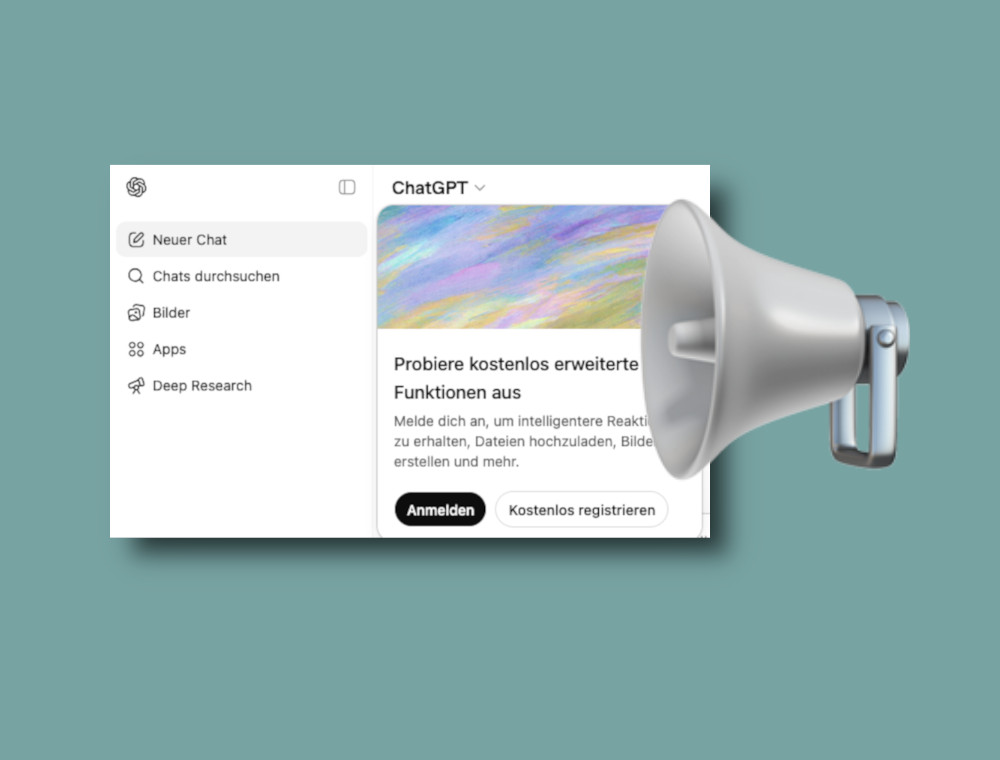 Grafik mit ChatGPT Screenshot und einem Megafon vor blaugrauem Hintergrund 