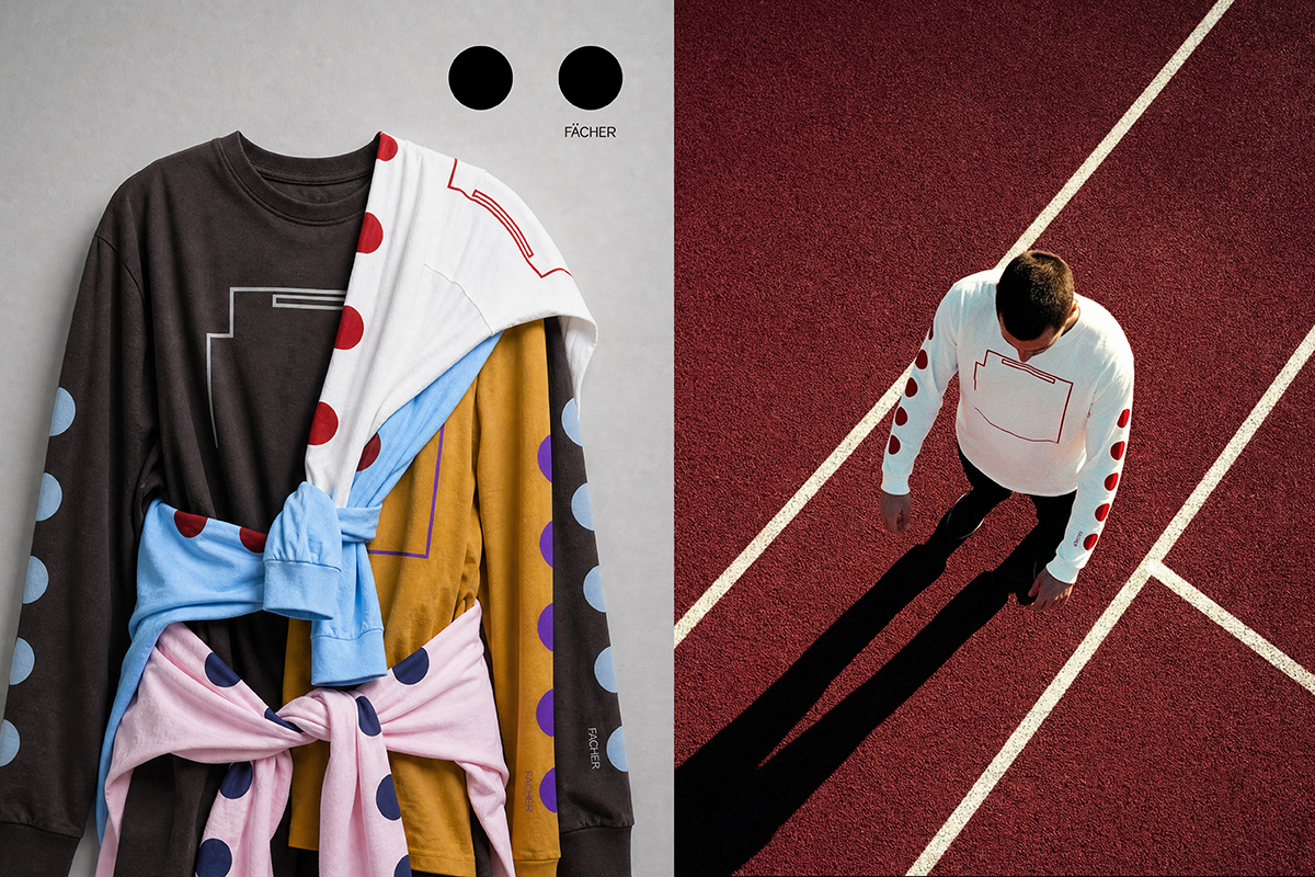 Zweiteiliges Kampagnenbild der Marke Fächer. Links: Mehrere übereinandergelegte Longsleeves in Dunkelgrau, Weiß, Blau, Gelb und Pink – alle mit Polka-Dot-Mustern und geometrischen Linien-Prints. Oben zwei schwarze Kreise als Markenzeichen. Rechts: Vogelperspektive auf einen Mann in weißem Longsleeve auf einer roten Tartanbahn.