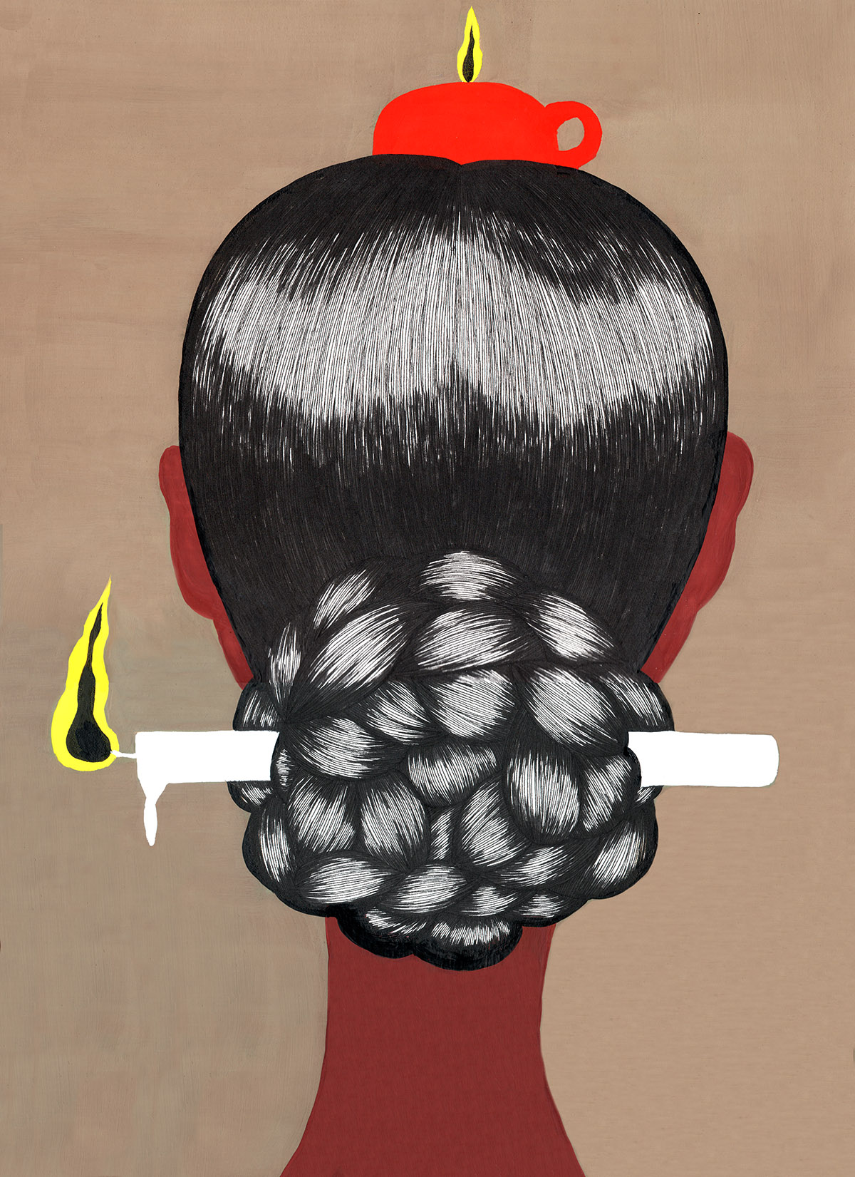 Farbige Illustration auf warmem Sandbeige, die den Hinterkopf einer Figur mit dunkelbrauner Haut in Nahaufnahme zeigt. Das schwarz-weiß schraffierte, straff nach hinten gekämmte Haar mündet in einen aufwendig geflochtenen Knoten aus ineinander verschlungenen Zöpfen, der die untere Bildhälfte dominiert. Durch den Zopfknoten ist horizontal ein weißer Stab gesteckt, an dessen linkem Ende eine gelb-schwarze Flamme brennt. Auf dem Scheitel der Figur balanciert eine leuchtend rote Tasse mit einer gelben Kerzenflamme. Die Komposition ist von strengem Formalismus geprägt; Farbe wird sparsam und kontrastreich eingesetzt.