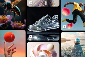Collage aus verschiedenen KI-generierten Motiven in einem modernen Kachel-Layout: Eine schillernde Biene landet auf einer Blüte, ein futuristischer silberner Sportschuh schwebt vor dunklem Hintergrund, eine Person springt dynamisch durch die Luft, ein roter Tennisball balanciert über einer Hand, abstrakte pastellfarbene 3D-Formen schweben im Raum und eine Figur mit spiegelnder Helmmaske blickt über ein Feld weißer Blumen am Wasser. Die Bildkomposition vermittelt Kreativität, Design, Technologie und die vielfältigen Möglichkeiten generativer KI im visuellen Gestalten.