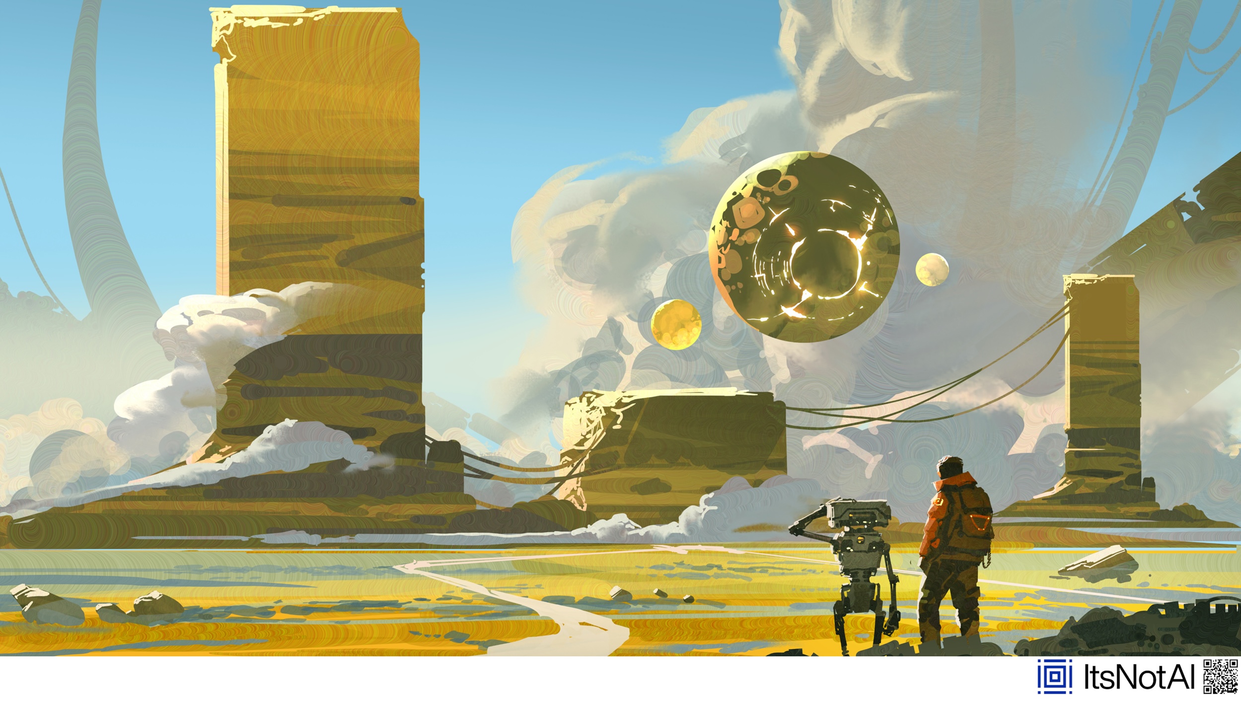 Futuristische Science-Fiction-Illustration einer weiten, fremdartigen Landschaft. Zwischen monumentalen, verwitterten Bauwerken und dichten Wolkenformationen schweben mehrere leuchtende Himmelskörper. Im Vordergrund stehen eine Person in einem orangefarbenen Raumanzug und ein roboterähnliches Gerät auf einer offenen Ebene und blicken auf die Szenerie. Kabelartige Strukturen verbinden Teile der Architektur, während Lichtreflexe und atmosphärische Nebelschwaden die Szene prägen. Die digitale Illustration vermittelt Entdeckung, Abenteuer und die Erkundung einer unbekannten Welt. Unten rechts befindet sich das Logo von ItsNotAI mit QR-Code.