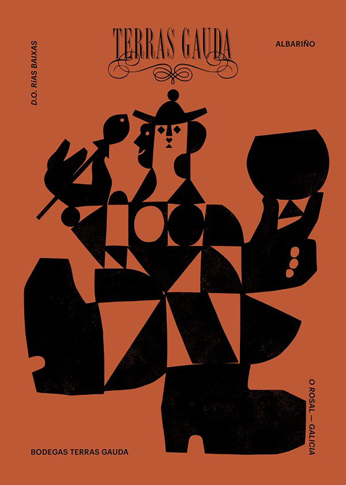 Zweifarbenplakat auf gebranntem Orange: Oben mittig »TERRAS GAUDA« in schwarzer Serifschrift mit Ornamentzeile, flankiert von den Angaben »D.O. RÍAS BAIXAS« (links) und »ALBARIÑO« (rechts) in schmaler Groteskschrift. Den Bildraum füllt eine großflächige schwarze Figurenkomposition aus geometrisch-kubistischen Formen: Eine zentral platzierte Gestalt mit rundem Hut hält in einer Hand einen Fisch und in der anderen ein Weinglas; ihr Körper setzt sich aus Dreiecken, Kreisen und Rechtecken zusammen. Links und rechts flankieren weitere abstrakte Figuren die Szene. Unten links »BODEGAS TERRAS GAUDA«, unten rechts »O ROSAL — GALICIA«.