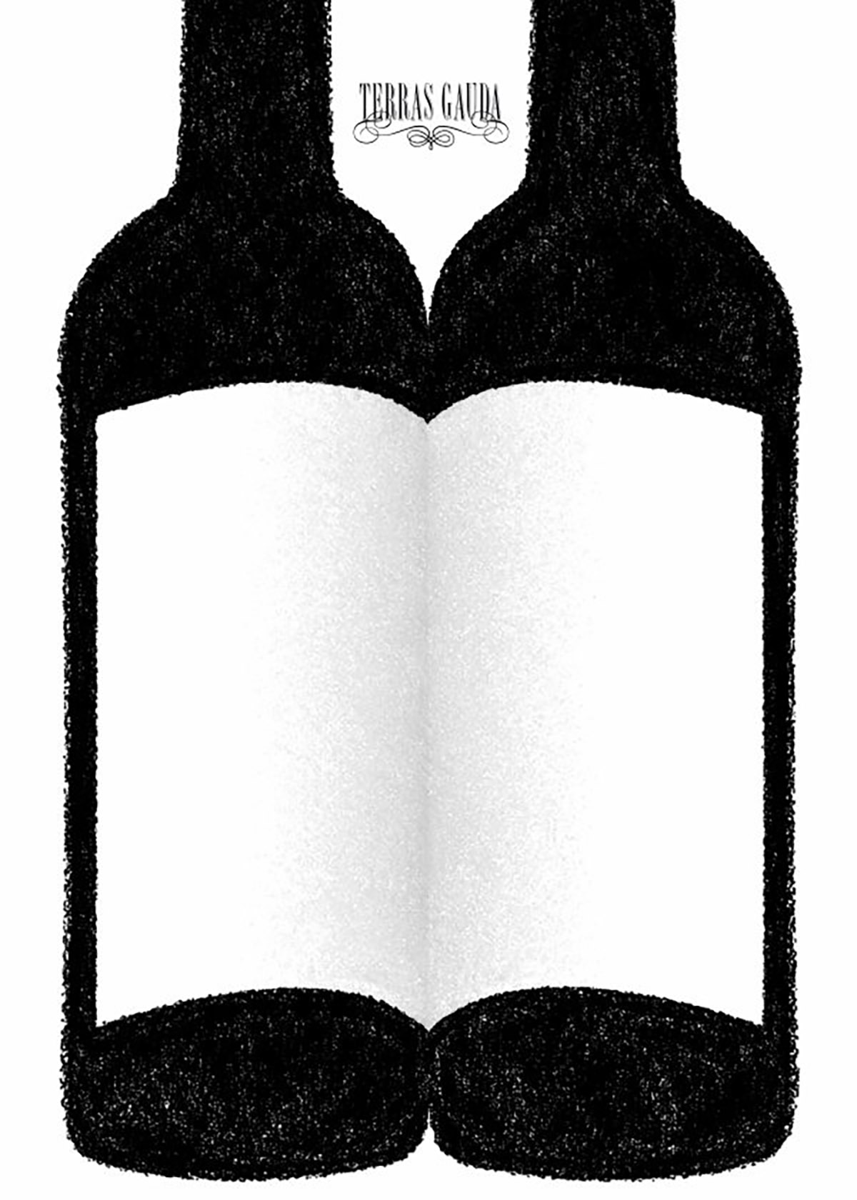 Schwarzweißes Poster mit pointillistisch-kreideartigem Duktus: Zwei Weinflaschen-Silhouetten stehen dicht nebeneinander und nehmen das gesamte Bildformat ein; ihre Umrisse sind aus unzähligen kleinen schwarzen Punkten und Kritzeltexturen aufgebaut, sodass ein körnig-skizzenhafter Effekt entsteht. Die sich berührenden Etikettflächen der beiden Flaschen erzeugen im Negativraum eine weiß leuchtende, buchähnliche Doppelseite – ein aufgeschlagenes Buch oder zwei Etiketten als gemeinsame Fläche. Oben zwischen den Flaschenhälsen das »TERRAS GAUDA«-Logo in kleiner Serifschrift.