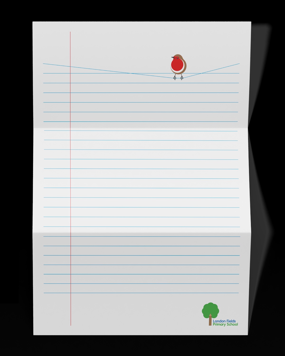 Briefpapier mit Schulloge unten rechts und oben Vogel, der auf der ersten der Schreiblinien schaukelt