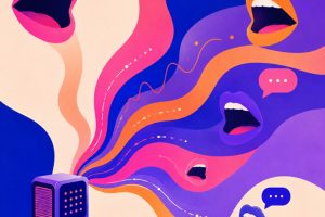 Abstrakte, farbenfrohe Illustration zum Thema Sprache und digitale Kommunikation. Aus einem stilisierten Computer strömen geschwungene Bänder in Pink-, Orange-, Blau- und Lilatönen hervor, die sich durch das Bild ziehen. Entlang dieser Farbströme schweben geöffnete Münder und Sprechblasen, die Gespräch, Austausch und Informationsfluss symbolisieren. Die dynamische Komposition vermittelt den Eindruck, dass digitale Technologien Sprache erzeugen, verbreiten und miteinander vernetzen. Die Gestaltung wirkt modern, kreativ und futuristisch.