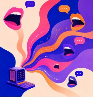 Abstrakte, farbenfrohe Illustration zum Thema Sprache und digitale Kommunikation. Aus einem stilisierten Computer strömen geschwungene Bänder in Pink-, Orange-, Blau- und Lilatönen hervor, die sich durch das Bild ziehen. Entlang dieser Farbströme schweben geöffnete Münder und Sprechblasen, die Gespräch, Austausch und Informationsfluss symbolisieren. Die dynamische Komposition vermittelt den Eindruck, dass digitale Technologien Sprache erzeugen, verbreiten und miteinander vernetzen. Die Gestaltung wirkt modern, kreativ und futuristisch.