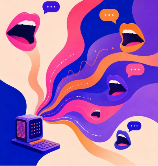 Abstrakte, farbenfrohe Illustration zum Thema Sprache und digitale Kommunikation. Aus einem stilisierten Computer strömen geschwungene Bänder in Pink-, Orange-, Blau- und Lilatönen hervor, die sich durch das Bild ziehen. Entlang dieser Farbströme schweben geöffnete Münder und Sprechblasen, die Gespräch, Austausch und Informationsfluss symbolisieren. Die dynamische Komposition vermittelt den Eindruck, dass digitale Technologien Sprache erzeugen, verbreiten und miteinander vernetzen. Die Gestaltung wirkt modern, kreativ und futuristisch.