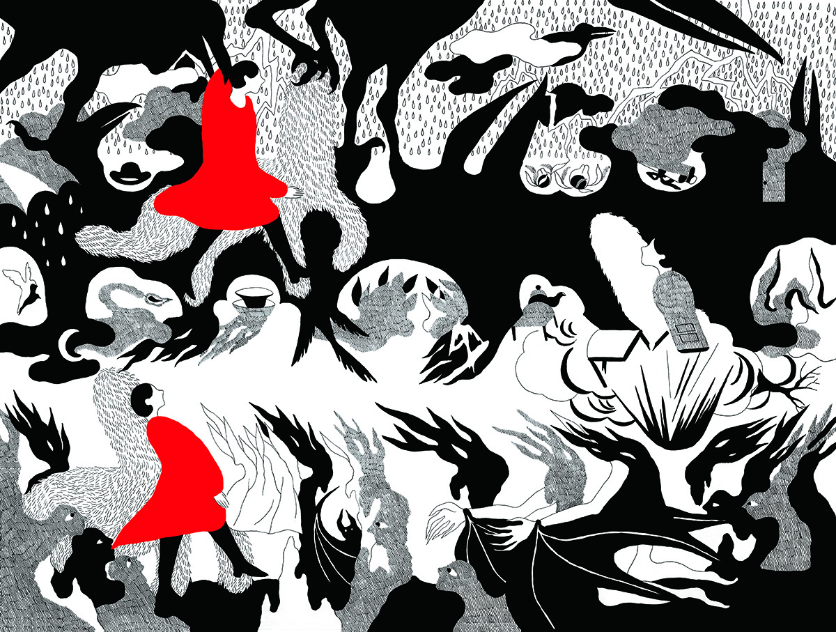 Querformatige, dicht komponierte Illustration in Schwarz-Weiß-Grau mit zwei roten Farbakzenten. Wolken, Tierfiguren, Vögel, Pflanzen und abstrakte Formen verweben sich zu einer surreal-narrativen Gesamtszene vor schwarzem Grund; ein horizontaler weißer Streifen teilt das Bild. Zwei in Rot gehaltene Figuren — eine oben links, eine unten links — bilden die einzigen Farbakzente im dichten Bildgewebe.