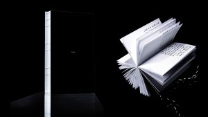 Buch zur Installation von VOXAIPE – Decoded, vor einem schwarzen Hintergrund