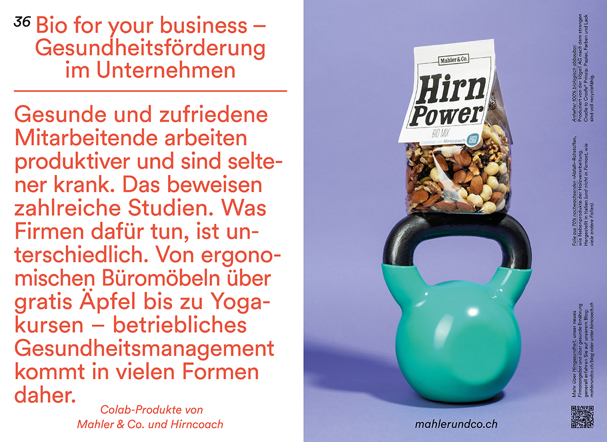 Doppelseite aus dem Magazin Vow: links Text eines Artikels, rechts türkisfarbene Hanten mit Nusspackung Hirnpower darauf abgestellt