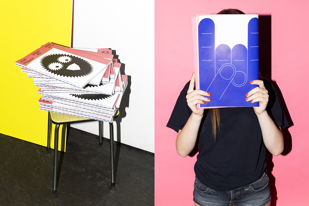 Geteiltes Foto: Links Hocker mit Stapel des Vow Magazins darauf, rechts Mädchen, das sich Magazin mit Illustration von großer blauer Hand, die Teufelszeichen macht, vors Gesicht hält