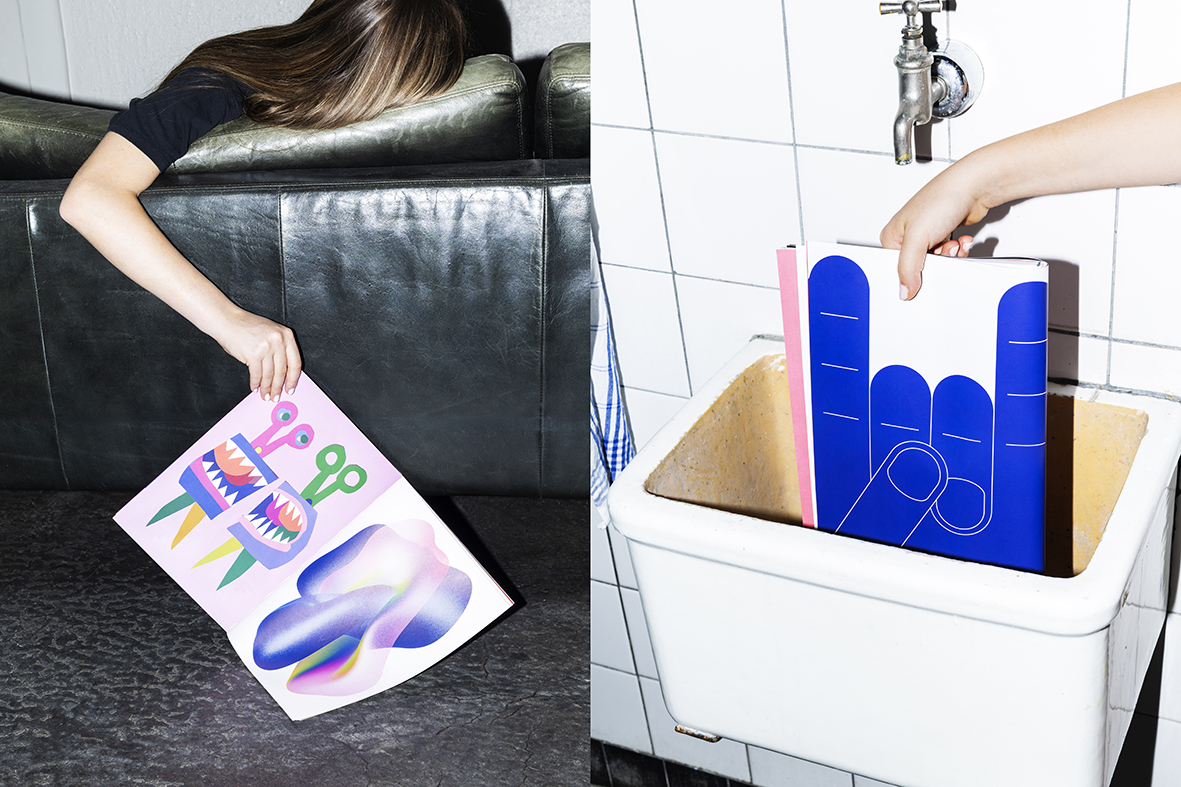 Zwei Fotos nebeneinander: links mädchen auf Couch von hinten mit Magazin in der Hand und aufgeschlagener Doppelseite mit Illustrationen von Scheren und Haar, rechts Magazinseite mit illustrierter Hand in Teufelspose in Waschbecken