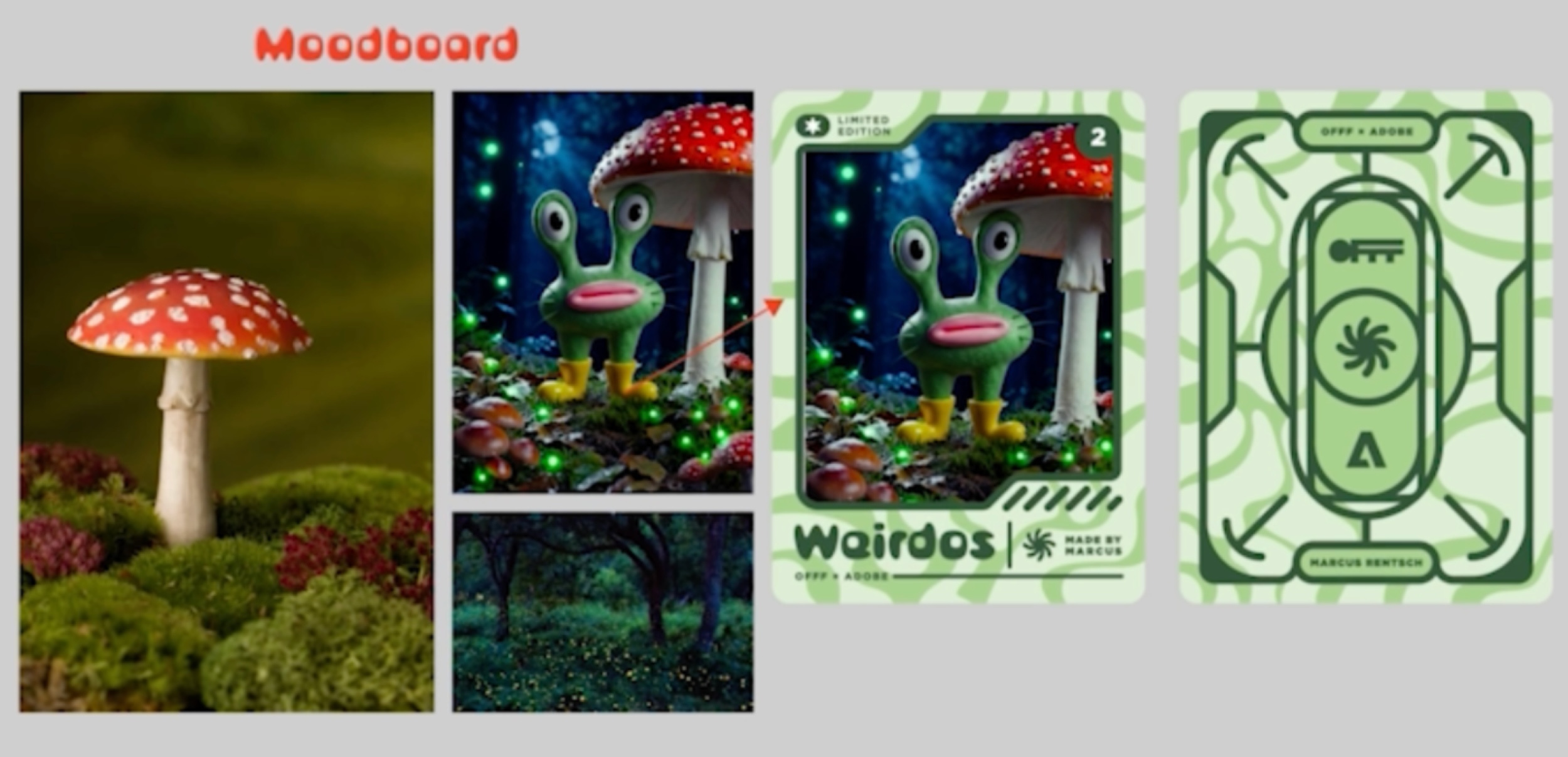 Übersicht eines kreativen Workflows zur Gestaltung einer individuellen Trading Card. Links ist ein Moodboard mit Referenzbildern zu sehen, darunter ein Fliegenpilz, eine nächtliche Waldszene und die zuvor entwickelte Fantasiefigur. Ein Pfeil führt vom Moodboard zur fertigen Trading Card mit dem Titel „Weirdoos“, auf der die Figur vor der Waldkulisse dargestellt ist. Rechts daneben ist die Rückseite der Trading Card mit einem grafischen Muster und einem stilisierten Sammelkarten-Design abgebildet. Die Darstellung zeigt, wie aus Inspirationsmaterial und KI-generierten Motiven ein vollständiges Trading-Card-Design entsteht.