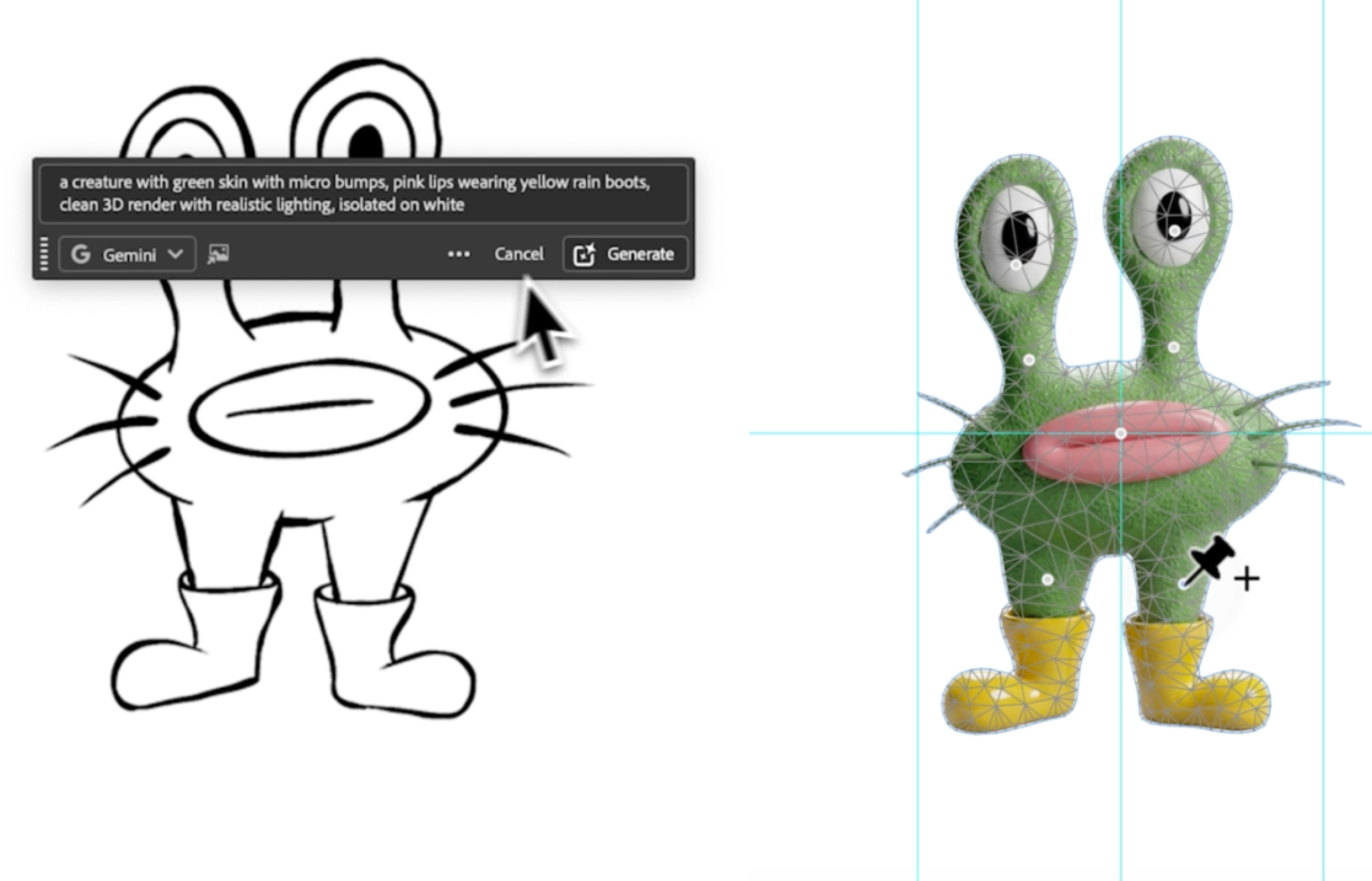 Vergleich zwischen einer einfachen Handskizze und einer KI-generierten 3D-Figur. Links ist eine schwarz-weiße Zeichnung eines fantasievollen Wesens mit großen Augen, breiten Lippen, Schnurrhaaren und Gummistiefeln zu sehen. Darüber liegt ein Eingabefeld mit einem englischen Prompt zur Bildgenerierung in Adobe Firefly. Rechts erscheint die daraus erzeugte 3D-Figur mit grüner, strukturierter Haut, großen Augen, rosa Lippen und gelben Gummistiefeln. Über dem Motiv liegt ein Drahtgitter (Mesh), das die weitere Bearbeitung und Skalierung des generierten Objekts in Adobe Illustrator zeigt.