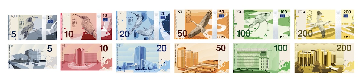EZB Shortlist für den neuen Euro: Alle Banknoten von 5 bis 200 Euro Vorder- und Rückseite mit Illustrationen von Vögeln und von ikonischen Gebäuden, jeweils einfarbig von Grau bis Gelb von PunktFormStrich