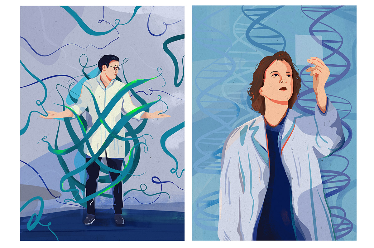 Zweiteilige Wissenschaftler-Illustration: Links ein junger Mann mit Brille im weißen Kittel, der die Arme ausbreitet, während ihn geschwungene blaugrüne und grüne Linien – stilisierte DNA-Stränge oder Molekülkurven – umwickeln, vor grau-lavendelfarbenem Hintergrund. Rechts eine Frau im weißen Laborkittel, die nachdenklich eine kleine transparente Probe in die Höhe hält; im Hintergrund wiederholen sich violette DNA-Doppelhelix-Strukturen auf hellem Blau. Beide Bilder im selben flächig-pastelligen Illustrationsstil.