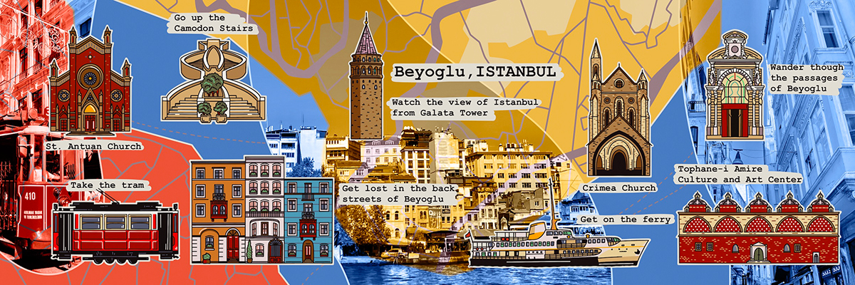 Querformatige Collage im Karten-Stil mit dem Titel »Beyoglu, ISTANBUL«, kombiniert aus fotografischen Elementen und Illustrationen auf blau-oranger Stadtplan-Fläche. Illustrierte Wahrzeichen und Aktivitäten sind mit englischen Beschriftungen versehen, darunter St. Antuan Church, die Camodon-Treppe, der Galata-Turm, die historische Straßenbahn, die Crimea Church, das Tophane-i Amire Kultur- und Kunstzentrum sowie Hinweise wie »Take the tram«, »Get on the ferry« und »Wander through the passages of Beyoglu«.