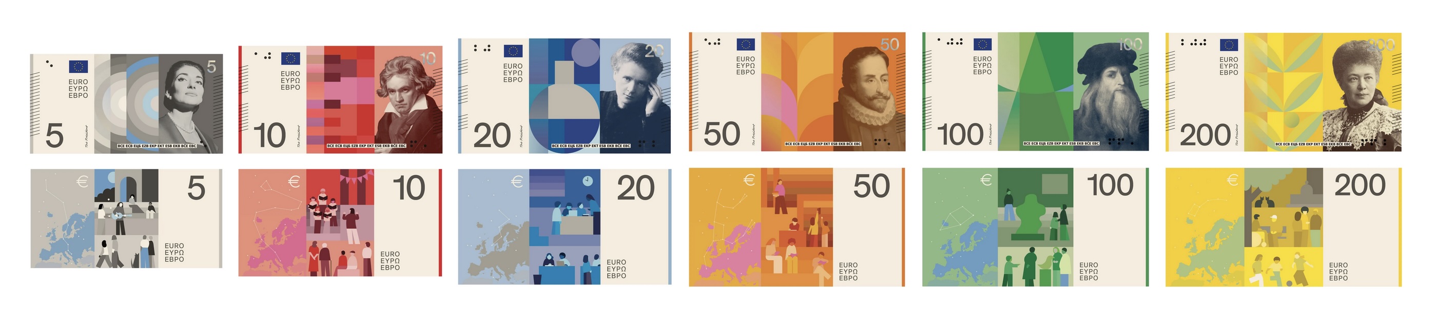 EZB Shortlist für den neuen Euro: Alle Banknoten von 5 bis 200 Euro Vorder- und Rückseite mit Illustrationen von europäischen Persönlichkeiten und Szenerien, jeweils einfarbig von Grau bis Gelb von Neue Gestaltung