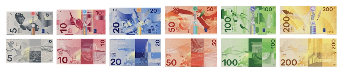 EZB Shortlist für den neuen Euro: Alle Banknoten von 5 bis 200 Euro Vorder- und Rückseite mit Illustrationen von Vögeln und von ikonischen Gebäuden, jeweils einfarbig von Grau bis Gelb von Rudy Guedj und Francois Girard Meunier