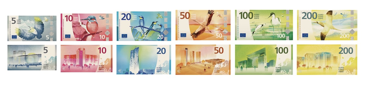 EZB Shortlist für den neuen Euro: Alle Banknoten von 5 bis 200 Euro Vorder- und Rückseite mit Illustrationen von Vögeln und von ikonischen Gebäuden, jeweils einfarbig von Grau bis Gelb von Atelier Goppel Toperngpong