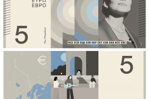 EZB Shortlist für den neuen Euro: 5 Euro Entwurf in Grautönen mit Porträt von Maria Calles