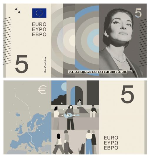 EZB Shortlist für den neuen Euro: 5 Euro Entwurf in Grautönen mit Porträt von Maria Calles