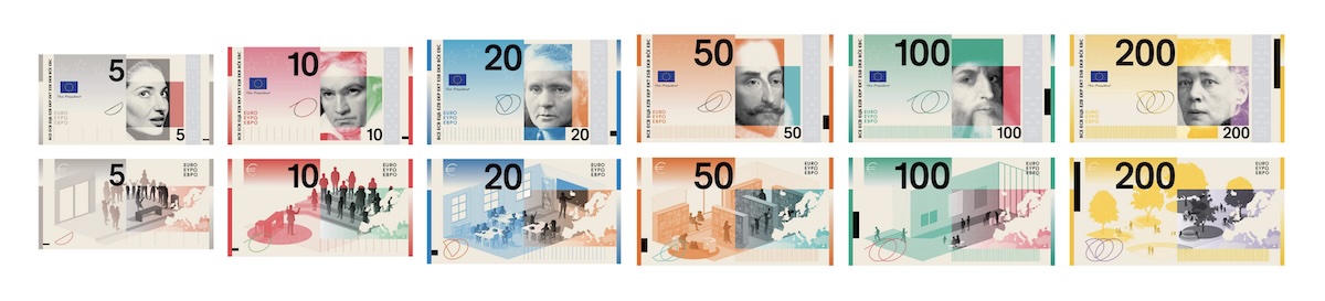 EZB Shortlist für den neuen Euro: Alle Banknoten von 5 bis 200 Euro Vorder- und Rückseite mit Illustrationen von europäischen Persönlichkeiten und Szenerien, jeweils einfarbig von Grau bis Gelb von Studio Joost Grootens