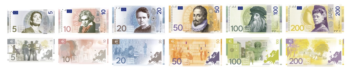 EZB Shortlist für den neuen Euro: Alle Banknoten von 5 bis 200 Euro Vorder- und Rückseite mit Illustrationen von europäischen Persönlichkeiten und Szenerien, jeweils einfarbig von Grau bis Gelb von Myrsini-Vardopoulou