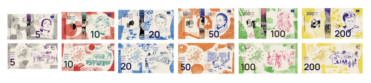 EZB Shortlist für den neuen Euro: Alle Banknoten von 5 bis 200 Euro Vorder- und Rückseite mit Illustrationen von europäischen Persönlichkeiten und Szenerien, jeweils einfarbig von Grau bis Gelb von Jan Robert Duennweller
