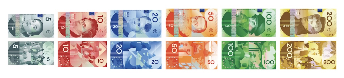 EZB Shortlist für den neuen Euro: Alle Banknoten von 5 bis 200 Euro Vorder- und Rückseite mit Illustrationen von europäischen Persönlichkeiten und Szenerien, jeweils einfarbig von Grau bis Gelb von Rubio del Amo and Cruz mas Cruz