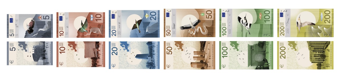 EZB Shortlist für den neuen Euro: Alle Banknoten von 5 bis 200 Euro Vorder- und Rückseite mit Illustrationen von Vögeln und von ikonischen Gebäuden, jeweils einfarbig von Grau bis Gelb von Isabelle Daeron