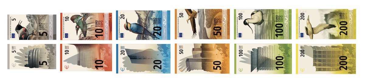 EZB Shortlist für den neuen Euro: Alle Banknoten von 5 bis 200 Euro Vorder- und Rückseite mit Illustrationen von Vögeln und von ikonischen Gebäuden, jeweils einfarbig von Grau bis Gelb von Ville Tietaevaeinen