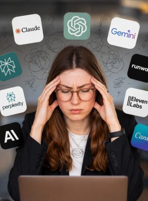 Eine Person sitzt vor einem Laptop, hält sich mit beiden Händen die Schläfen und hat die Augen geschlossen. Um sie herum schweben die Logos verschiedener KI-Tools wie ChatGPT, Claude, Gemini, Runway, Perplexity, ElevenLabs, Midjourney, Canva und Adobe Firefly. Im Hintergrund verstärken skizzenhafte Kritzeleien und Fragezeichen den Eindruck von Gedankenchaos und Reizüberflutung. Die Illustration visualisiert die Überforderung durch die Vielzahl an KI-Anwendungen und die Herausforderung, im schnell wachsenden KI-Ökosystem den Überblick zu behalten.
