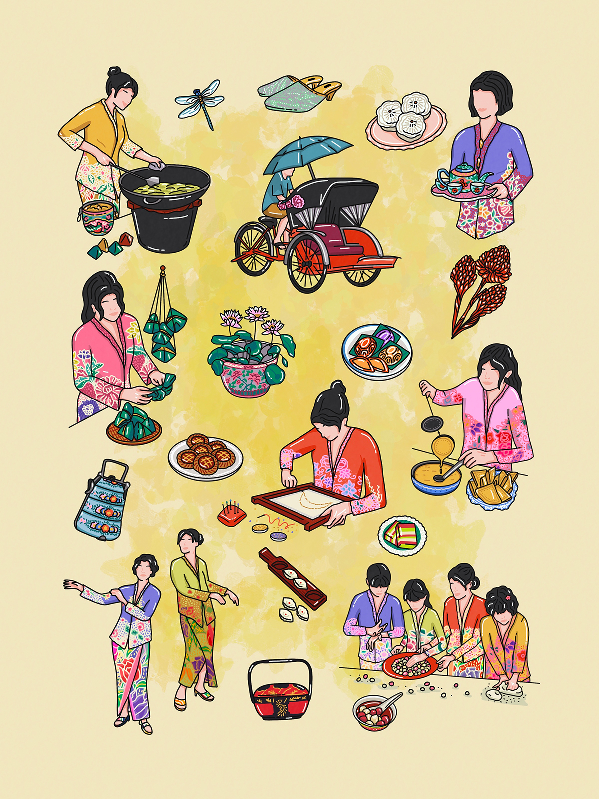 Farbenfrohe Illustrationssammlung zur Peranakan-Kultur auf hellgelbem Hintergrund. Zahlreiche Einzelmotive sind verstreut angeordnet: Nyonya-Frauen in bunt gemusterten Kebaya-Gewändern beim Kochen, Falten von Reispäckchen, Sticken und Servieren von Tee, dazu eine Trishaw mit Sonnenschirm, eine Libelle, bestickte Perlenpantoffeln, ein mehrstöckiger Tiffin-Behälter, Fackelingwer-Blüten, Kuih-Süßigkeiten, Lotusblumen und tanzende Figuren. Detailreiche Konturzeichnung mit floralen Batik-Mustern.