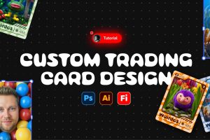 Grafische Titelkarte für ein Tutorial zur Gestaltung individueller Trading Cards. Auf schwarzem Hintergrund mit feinem Punktraster steht in großer weißer Schrift „Custom Trading Card Design“. Darüber befindet sich ein rotes Label mit der Aufschrift „Tutorial“. Darunter sind die Logos von Adobe Photoshop, Illustrator und Firefly zu sehen. Um den Titel herum liegen mehrere farbenfrohe Trading Cards mit fantasievollen, KI-generierten Figuren und der Bezeichnung „Weirdoos“. Links unten ist ein Porträtfoto des Tutorial-Autors vor einer Wand aus bunten Plastikbällen eingebunden. Das Motiv vermittelt einen spielerischen, kreativen Eindruck und verweist auf den Workflow zur Erstellung individueller Sammelkarten.