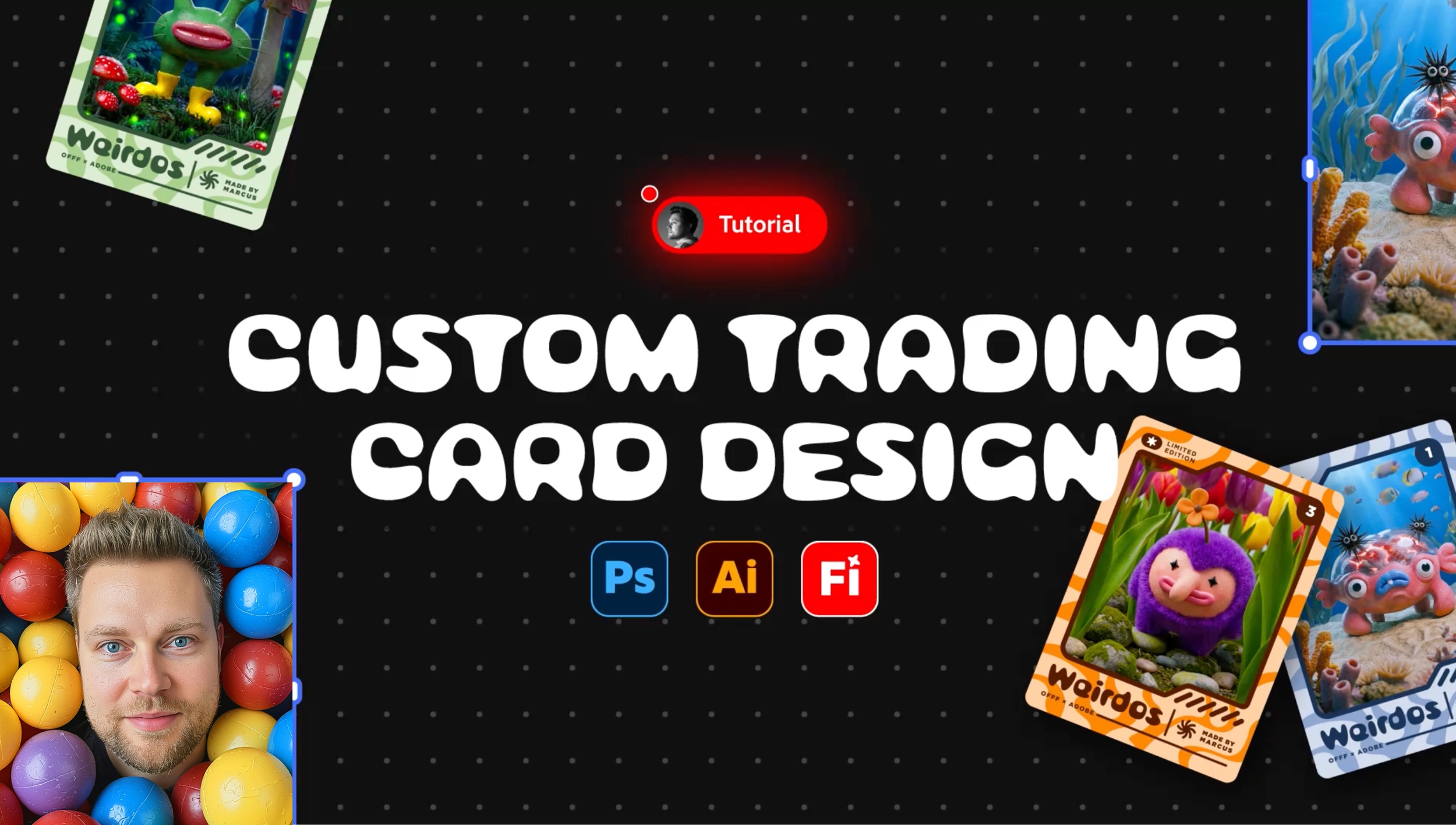 Grafische Titelkarte für ein Tutorial zur Gestaltung individueller Trading Cards. Auf schwarzem Hintergrund mit feinem Punktraster steht in großer weißer Schrift „Custom Trading Card Design“. Darüber befindet sich ein rotes Label mit der Aufschrift „Tutorial“. Darunter sind die Logos von Adobe Photoshop, Illustrator und Firefly zu sehen. Um den Titel herum liegen mehrere farbenfrohe Trading Cards mit fantasievollen, KI-generierten Figuren und der Bezeichnung „Weirdoos“. Links unten ist ein Porträtfoto des Tutorial-Autors vor einer Wand aus bunten Plastikbällen eingebunden. Das Motiv vermittelt einen spielerischen, kreativen Eindruck und verweist auf den Workflow zur Erstellung individueller Sammelkarten.